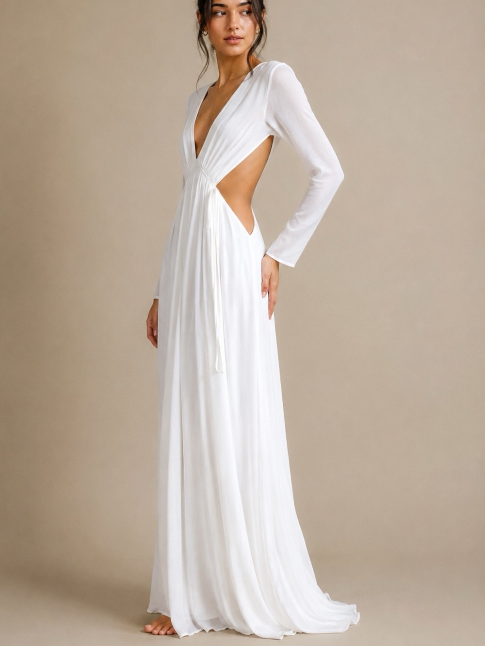Mendocino White Long Sleeve Maxi Dress with Side Cutouts